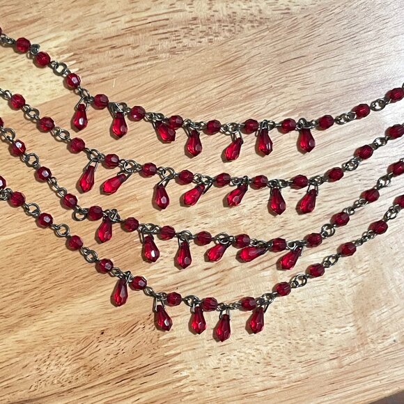 Ruby Red Faceted 5 Strand Beaded Necklace - Picture 2 of 5